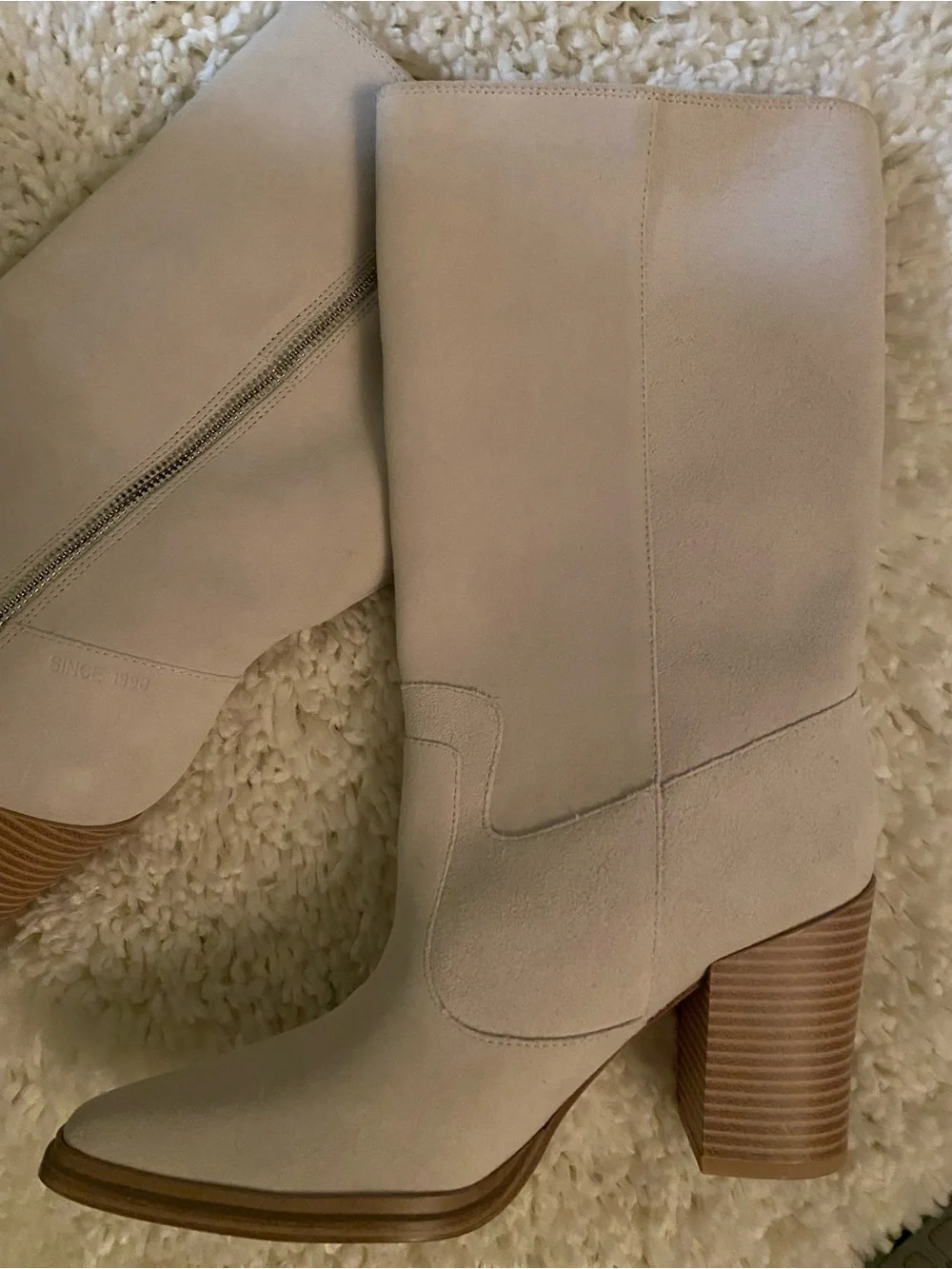 Franco Sarto Light Beige Suede Mid-Calf Block Heel Boots